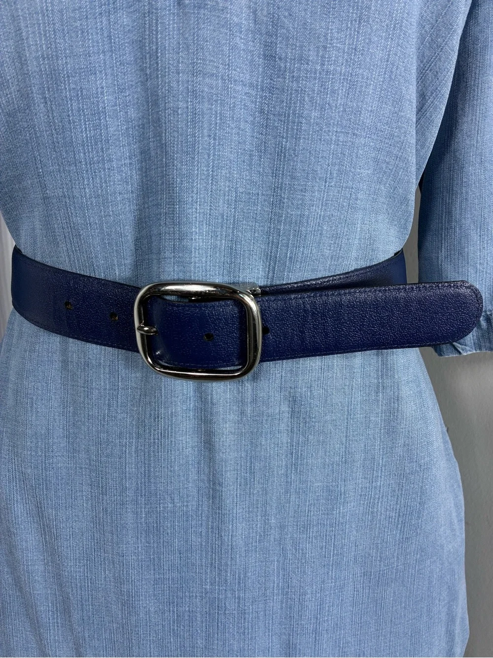 Womens Reversible belt 41” Textured blue snake print Leather Silver Buckle